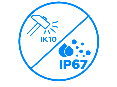 Protección (IP67, IK10, Amplio Voltaje) IP67: la cámara superó una serie de rigurosas pruebas de polvo e inmersión. Su carcasa es  a prueba de polvo e impermeable, y puede funcionar